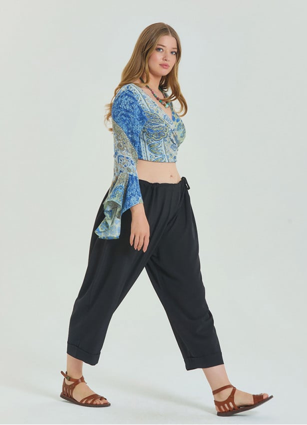Adjustable Waist Black Women's Plus Size Trousers with Rope Detail 4622